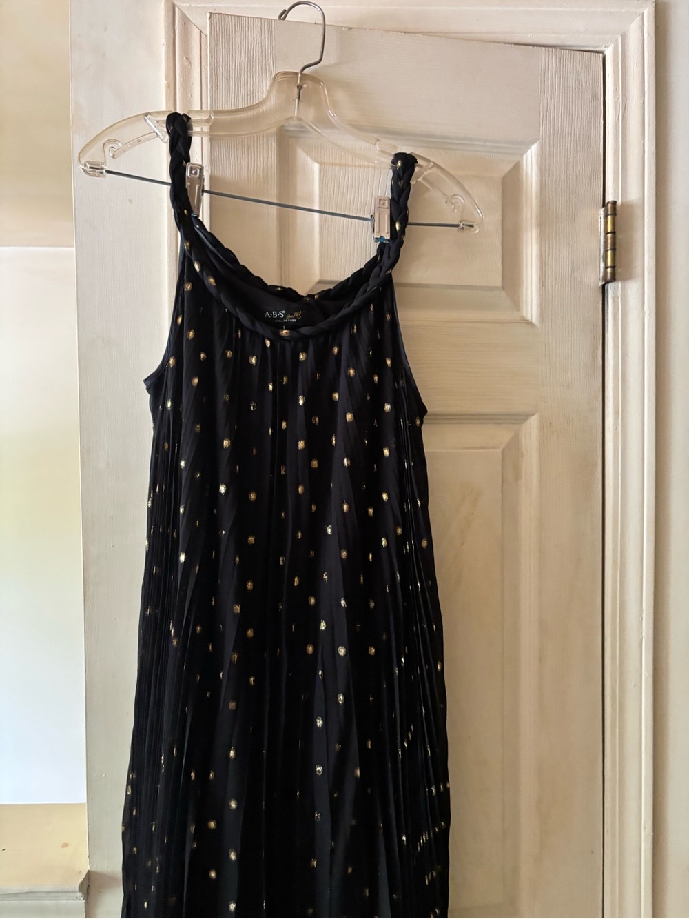 ABS Allen Schwartz Black Maxi Dress with Gold Dot Accents 100% Silk